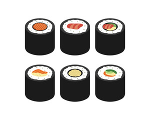 Assorted Sushi Rolls A Delicious Culinary Display. Sushi roll. Maki sushi illustration. Oishi sushi. Japanese cuisine. Asian dish.