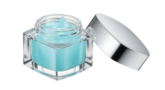 Open jar of light blue moisturizing cream in a clear square container with silver lid, isolated on white background, perfect for skincare and beauty product promotions