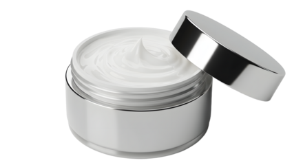 Open jar of white cream body moisturizer in silver container with lid beside, perfect for skincare and beauty product presentations