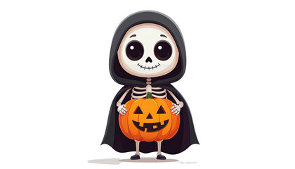 Cartoonish skeleton character holding a large pumpkin with festive spooky style isolated on white background
