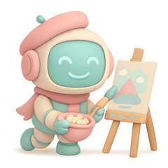 3D cartoon robot, painting on a small easel with a paintbrush, wearing a beret, soft pastel colors