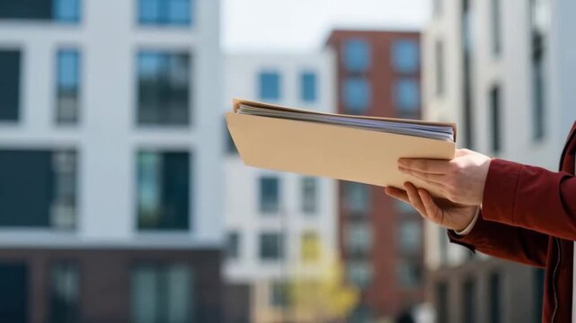 Two people exchanging a folder with documents outdoors in a modern urban setting.