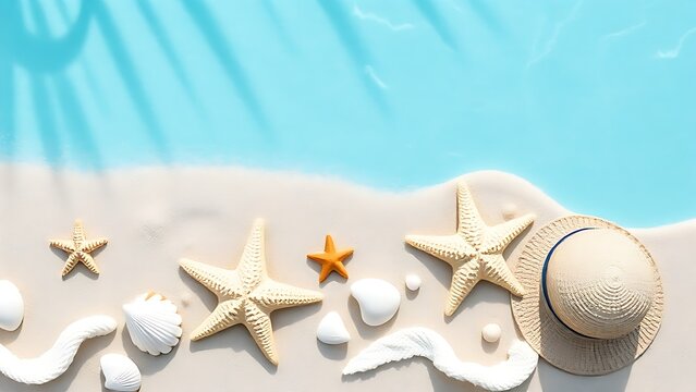 Tropical beach accessories artistically arranged, featuring starfish and seashells on sand. - Powered by Adobe