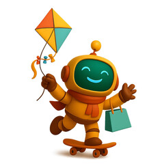 Playful 3D cartoon robot, flying a colorful kite