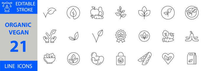 Minimalist Organic Vegan Icon Set. Vector Illustrations of Healthy Plant-Based Food, Eco-Friendly Lifestyle, Fresh Vegetables, Fruits, Green Nutrition, Natural Products and Vegan Diet Symbols