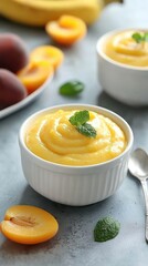 A creamy fruit puree served in a white bowl, garnished with mint leaves, alongside fresh fruits like bananas and apricots.