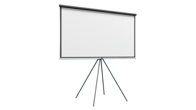 A blank white projection screen mounted on a tripod