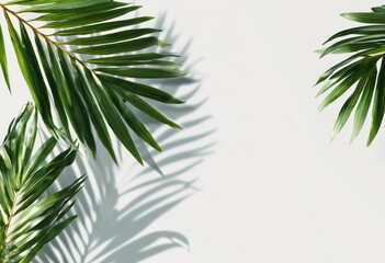 Fresh palm leaves cast shadows on a light gray background