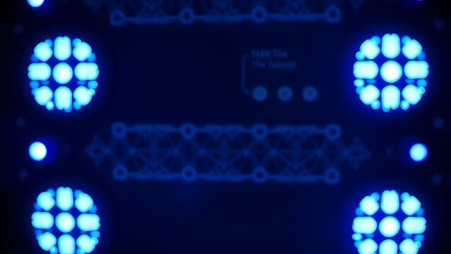 Close-up of glowing blue server rack lights creating an abstract technological pattern on a dark background.