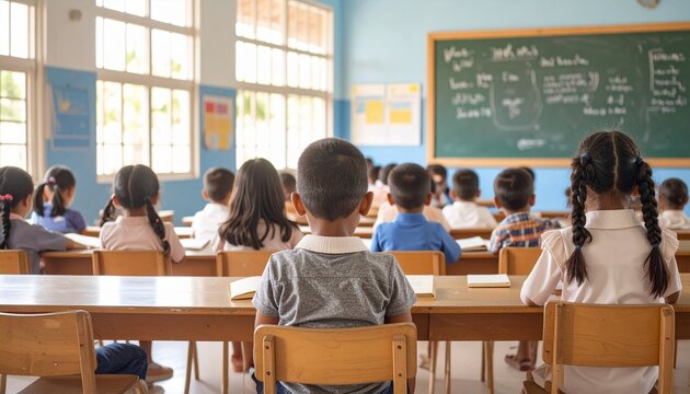 a group of elementary school students sitting in a classroom, facing the front, probably attending a lesson or listening to the teacher