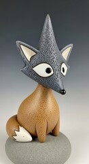 Fototapeta premium Whimsical handmade ceramic fox figurine with expressive eyes and unique patterned head
