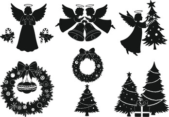 Christmas angel silhouette set with wreaths, trees, candy canes, and gifts for festive holiday cards, decorations, religious and winter design