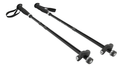 Two black hiking poles angled, showing adjustable bases and handgrips
