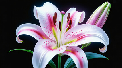 Stunning close-up of a delicate pink and white lily showcasing intricate petals and vibrant stamens