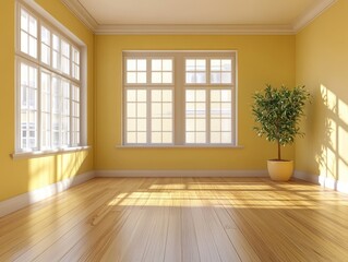 Empty sunlit yellow room with large windows and wooden floor