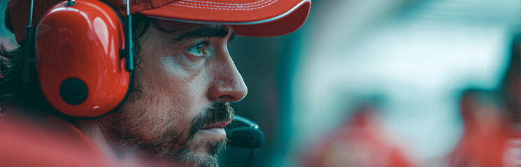 Obraz premium Focused race team member wearing headset looks intently at the track during a pit stop, showing dedication and anticipation.