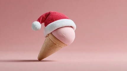 Creative Santa Claus hat melts on delicious pink ice cream cone celebrating the festive season in a playful, whimsical style. Christmas and New Year. Winter Wonderland