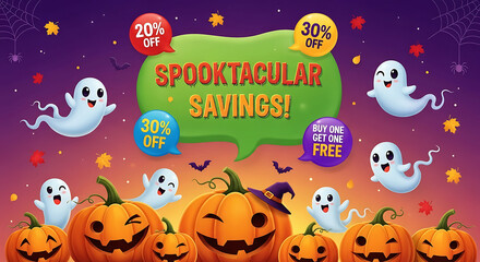 Spooktacular savings halloween sale with ghosts and pumpkins