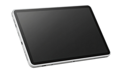 A light gray tablet, angled, showing a dark screen