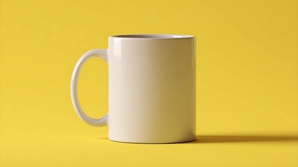A blank white coffee mug standing against a vibrant yellow background, perfect for customization or branding.