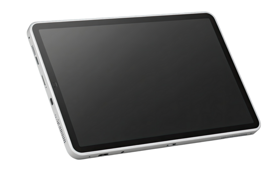 A light gray tablet, angled, showing a dark screen