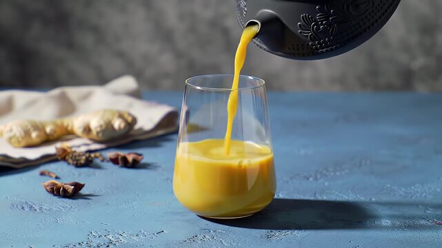 Elegant Still Life Featuring Golden Ginger Tea Poured into a Clear Glass Alongside Fresh Ginger Root and Star Anise on a Rustic Blue Wooden Table with Soft Natural Lighting Perfect for Decoration