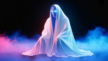 Mysterious figure shrouded in elegant white fabric with glowing eyes in a dark ethereal scene