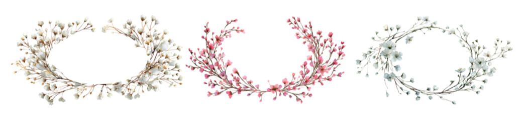 Set of round frames of watercolor gypsophila flowers. Watercolor white and red gypsophila in a round frame with space for text. Floral frames for wedding invitations. Vector illustration.
