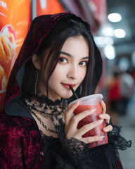 A mesmerizing character in a rich cloak, sipping bubble tea, evokes playful intrigue.