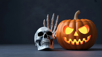 Spooky Halloween scene with carved pumpkin, skull, and skeletal hand, perfect for holiday projects