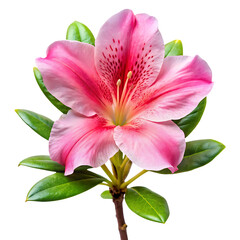 Beautiful pink azalea flower with green leaves isolated on transparent background