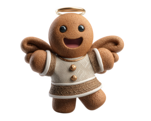 Gingerbread man angel costume festive sweet treat, smiling cookie character with wings and halo, joyful holiday decoration, isolated on white