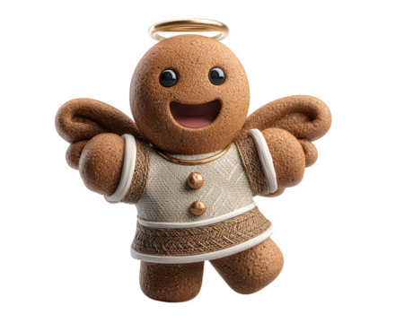 Gingerbread man angel costume festive sweet treat, smiling cookie character with wings and halo, joyful holiday decoration, isolated on white