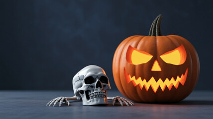 Spooky Halloween scene with glowing jack-o'-lantern and skeleton, perfect for holiday greetings