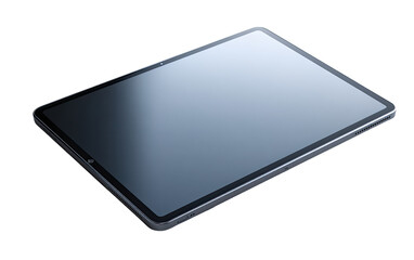 A flat, gray tablet computer, angled