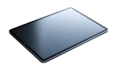 A flat, gray tablet computer, angled