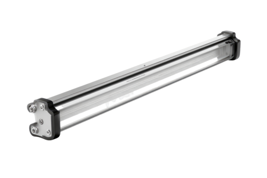 Rectangular, metallic, industrial component with clear viewing section