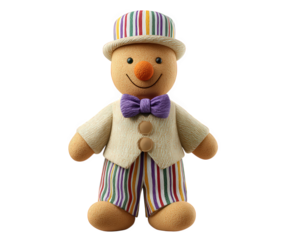 Gingerbread man clown costume striped pants colorful hat purple bow tie smiling face sweet treat festive playful cartoon isolated