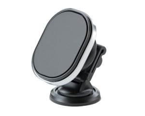 Oval-shaped magnetic car mount with a suction cup base.  A dark gray or graphite-colored oval surface is centered within a light silver or chrome ring.  A black suction cup base secures the mount