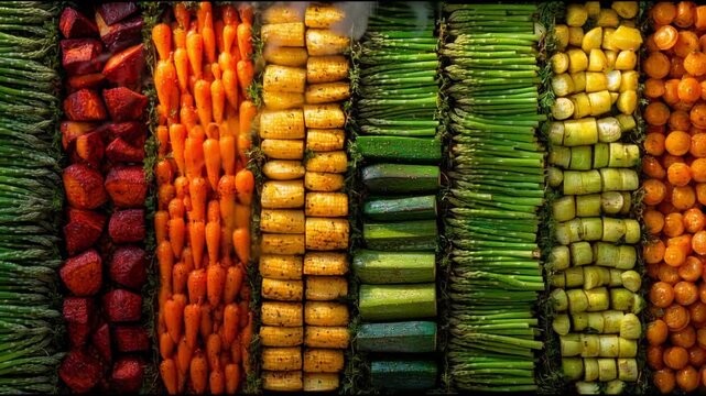 A vibrant array of fresh vegetables arranged meticulously to highlight their colors and textures.