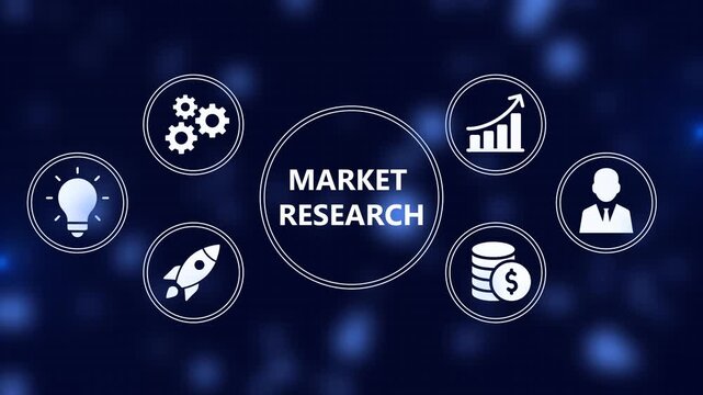 Market research with conceptual icons on blue gradient background animation