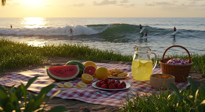 A delightful picnic setup at the beach with fresh fruits, a refreshing drink, and a scenic view of surfers riding the waves