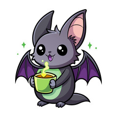 Magical cute bat sipping from glowing potion cup vector illustration for Halloween, fantasy art, spooky drinks and mystical designs