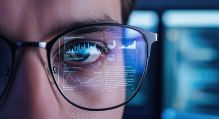 Focused developer's eye magnified through eyeglasses, vividly reflecting complex programming code, data visualizations, and analytical charts on a digital screen.
