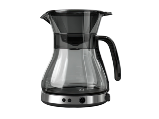 Modern glass coffee maker with a stainless steel base.  Features a pour-over style and clear glass carafe
