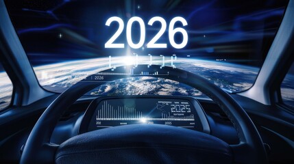 Futuristic Spacecraft Dashboard Display Showing Year 2026 Inside Cockpit View of Earth From Space
