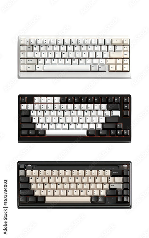 Fototapete three computer keyboards in a vertical arrangement. each keyboard features a standard qwerty layout,