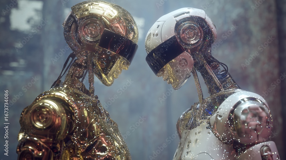 Poster robots in a futuristic setting engaging in a close encounter during a high-tech interaction