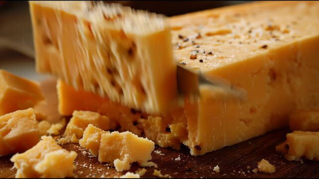 Close-up of a knife slicing through a block of cheese on a wooden cutting board, showcasing its texture and flavor.
