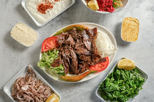 Meat doner menu, iskender menu on plate, turkish special meat doner, food, special menu